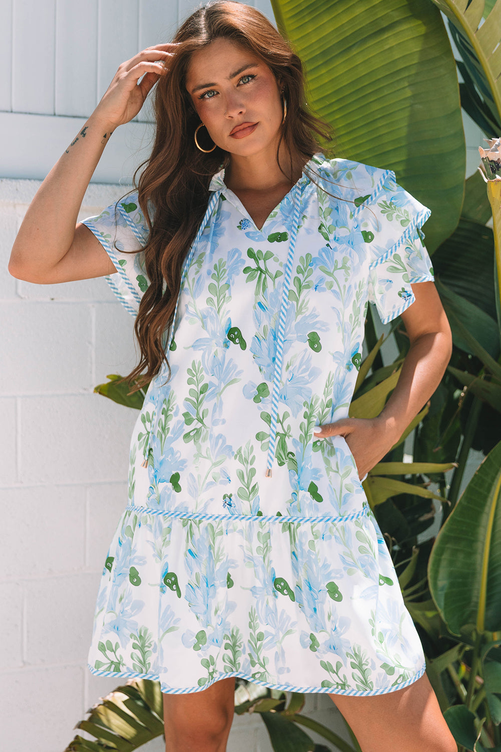 Sky Blue Floral Contrast Edge Layered Short Sleeve Mini Dress