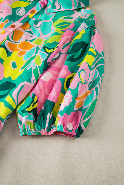 Women's Green Floral Puff Sleeve Summer Mini Dress