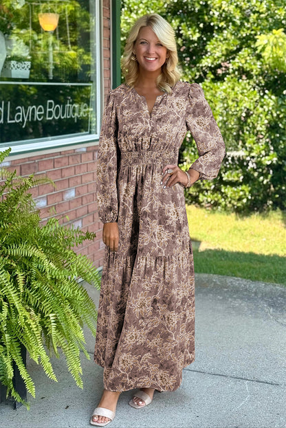 Women's Brown Floral Long Sleeve Summer Maxi Dress