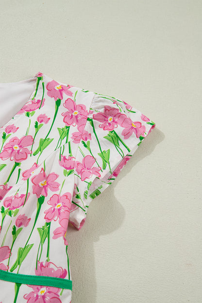 Women's Pink Floral V Neck Short Sleeve Summer Midi Dress