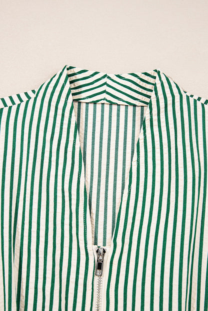 Women's Green Stripe V Neck Zip Front Summer Midi Dress
