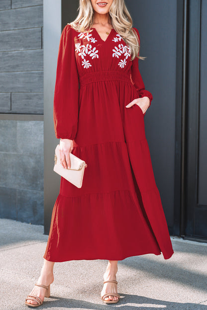 Women's Red Long Sleeve Summer Maxi Dress