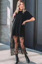 Black Floral Patchwork Short Sleeve T Shirt Loose Maxi Dress