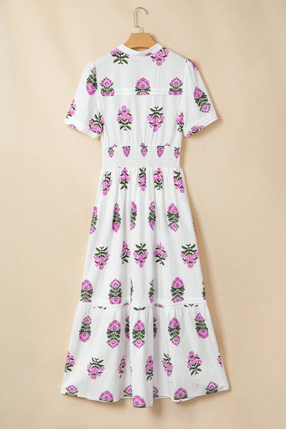 Women's White Floral Split Neck Summer Maxi Dress