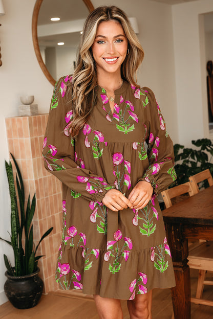 Women's Brown Floral Puff Sleeve Summer Mini Dress
