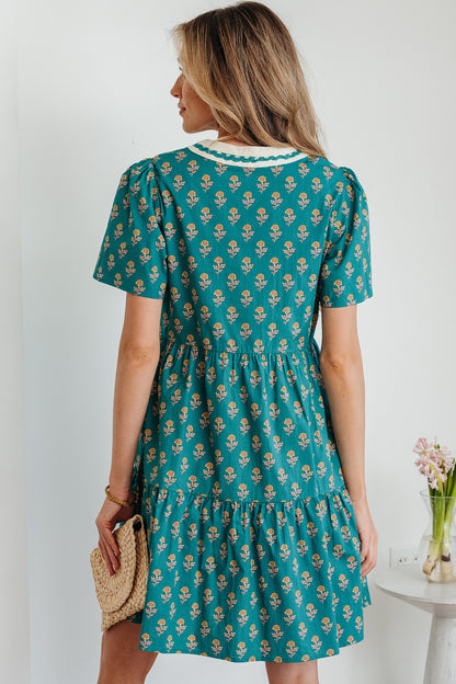 Women's Green Floral V Neck Short Sleeve Summer Mini Dress