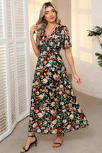 Women's Black Floral V Neck Short Sleeve Summer Maxi Dress