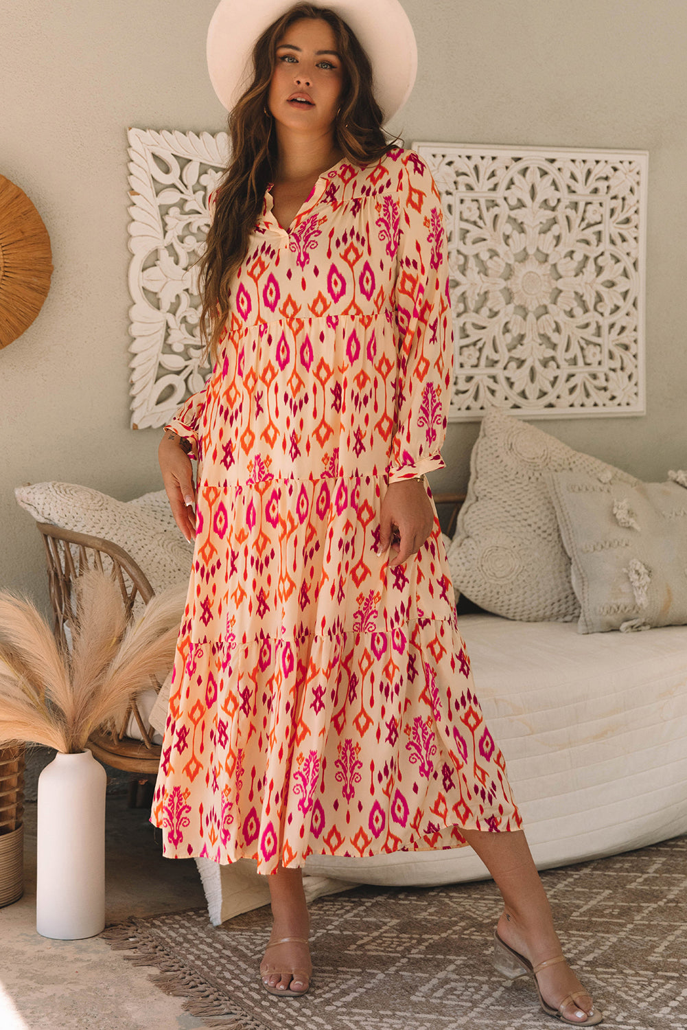 Women's Orange Western Abstract Geometric Summer Midi Dress