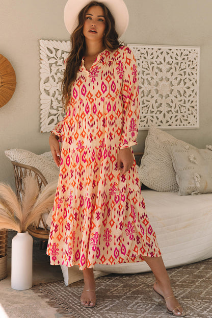 Women's Orange Western Abstract Geometric Summer Midi Dress