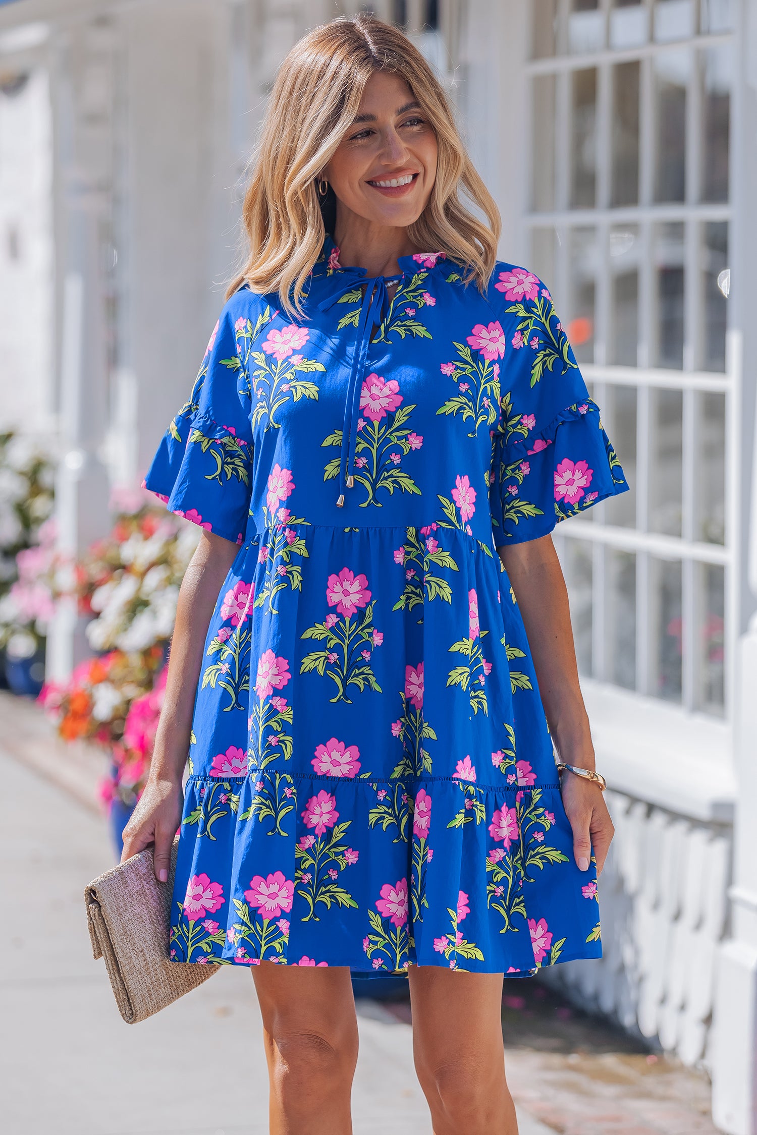 Blue Floral V-Neck Cotton Mini Dress for Women
