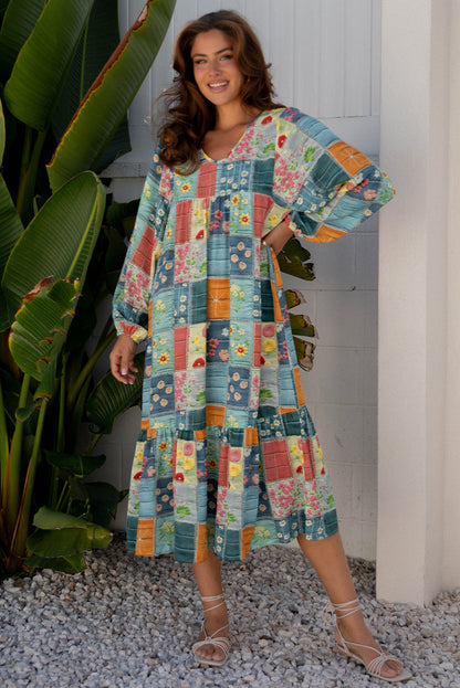 Women's Blue Mix Floral Long Sleeve Summer Midi Dress
