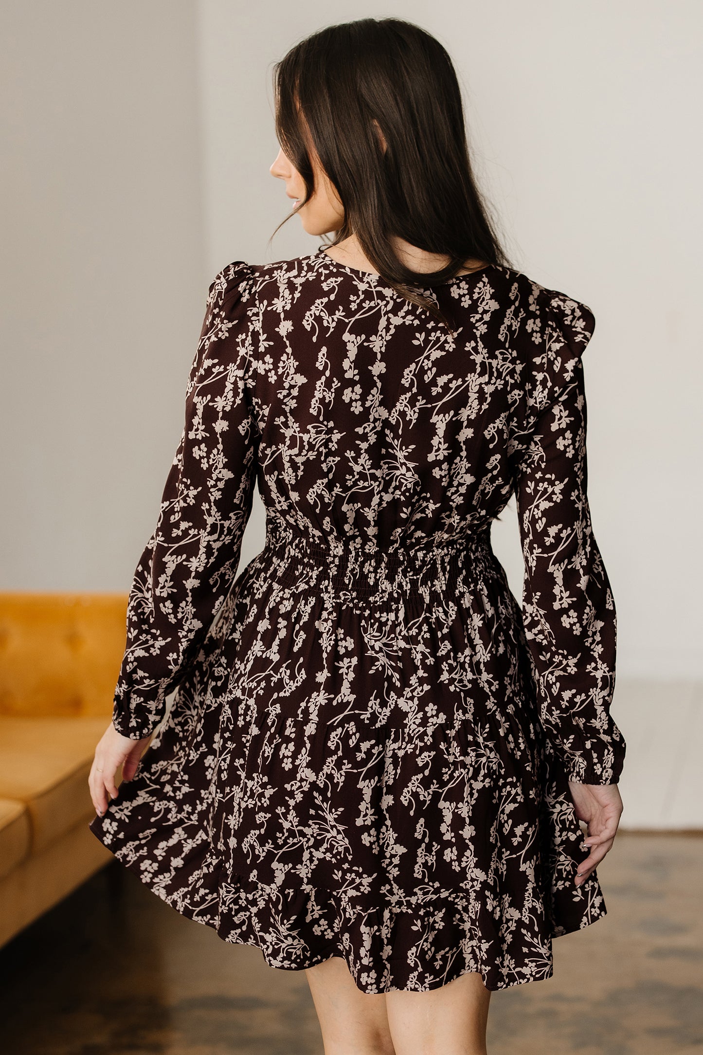 Women's Brown Floral Long Sleeve Summer Mini Dress