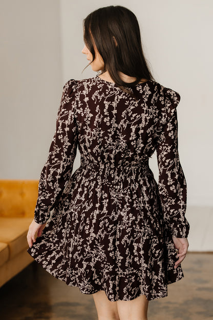 Women's Brown Floral Long Sleeve Summer Mini Dress