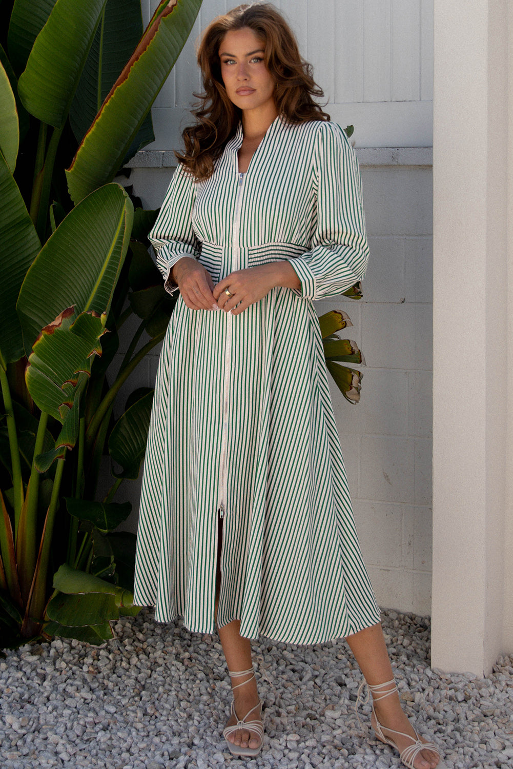 Women's Green Stripe V Neck Zip Front Summer Midi Dress