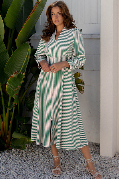Women's Green Stripe V Neck Zip Front Summer Midi Dress