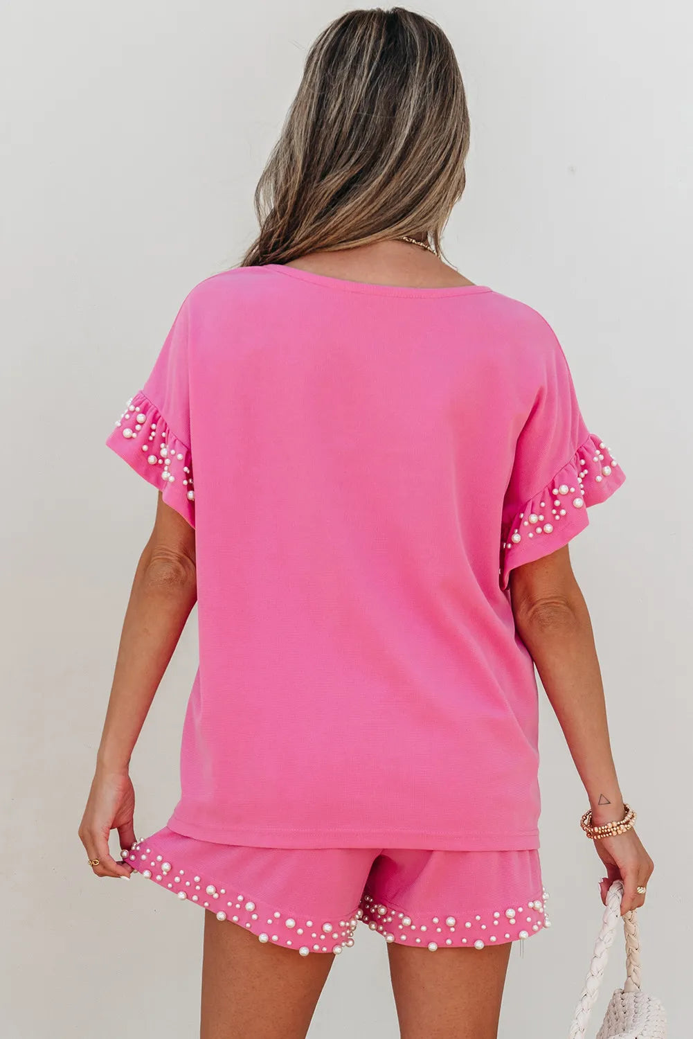 Bright Pink Textured Co-ord Set with Pearled Ruffle Sleeves and Shorts