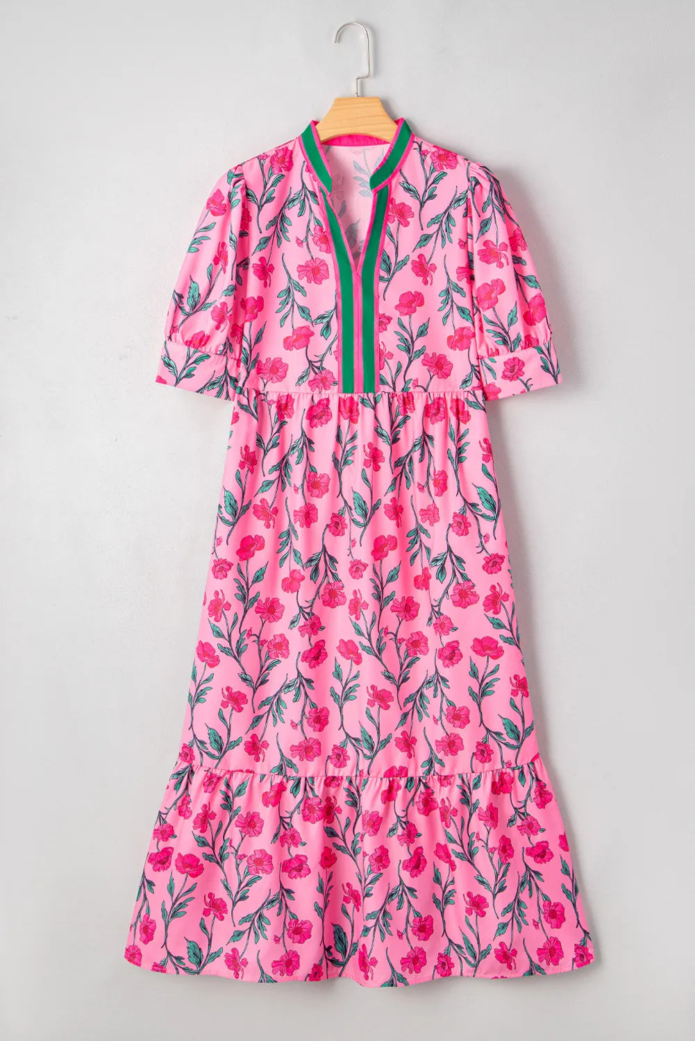 Pink Floral A-line Maxi Dress with Puff Sleeves