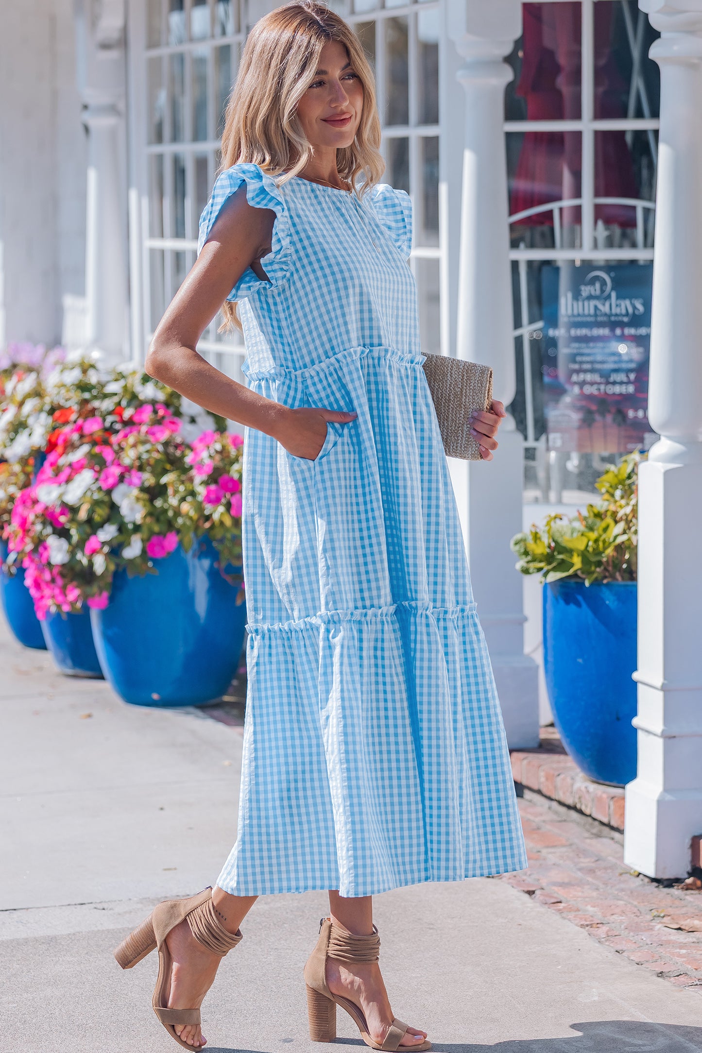 Women's Blue Knot Back Ruffled Short Sleeve Summer Maxi Dress