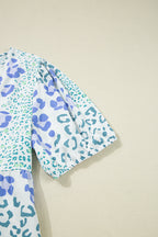 Sky Blue Leopard Contrast Bow Puff Sleeve Mini Dress
