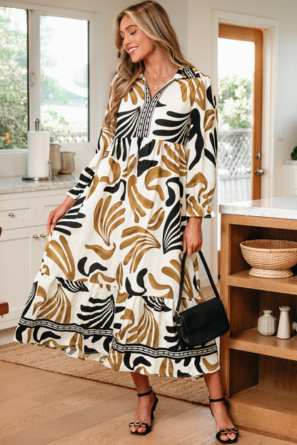 Women's Brown Floral Long Sleeve Summer Maxi Dress
