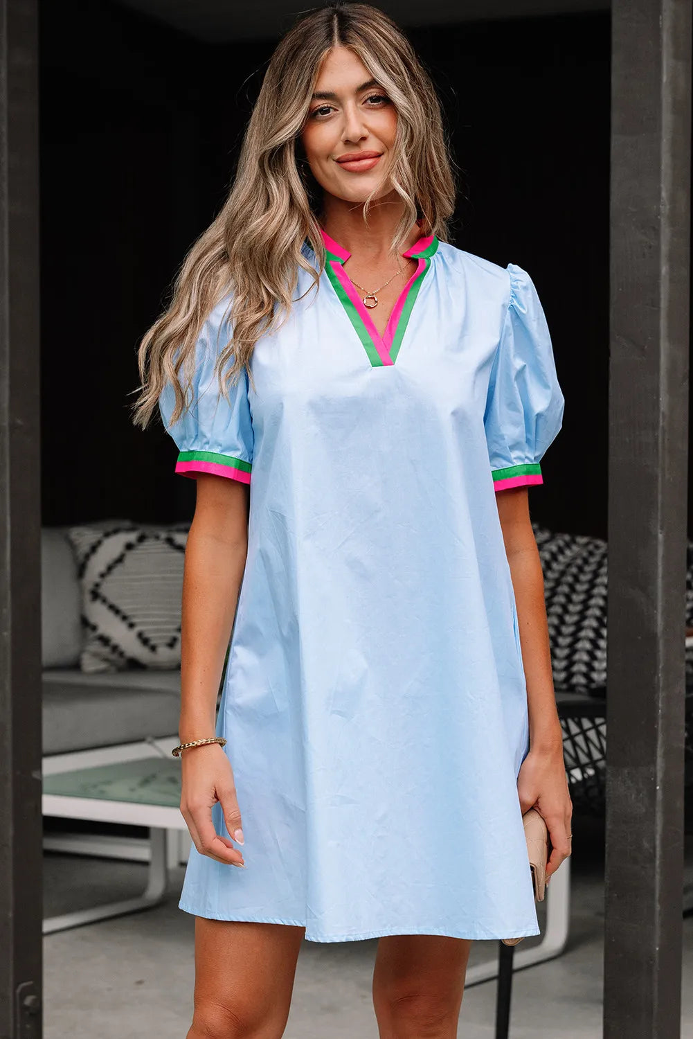 Sky Blue Cotton Puff Sleeve Mini Dress with Colourblock Trim