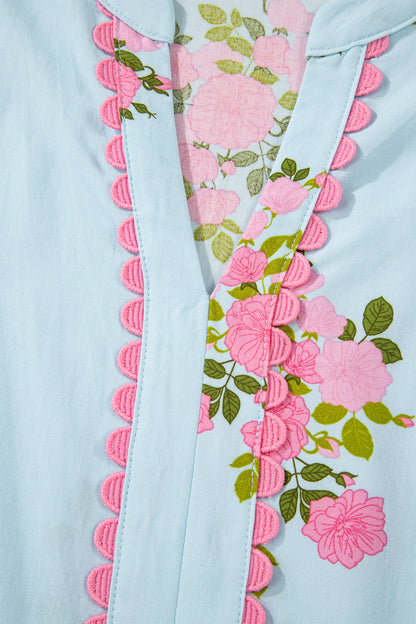 Women's Sky Blue Flutter Short Sleeve Floral Summer Maxi Dress