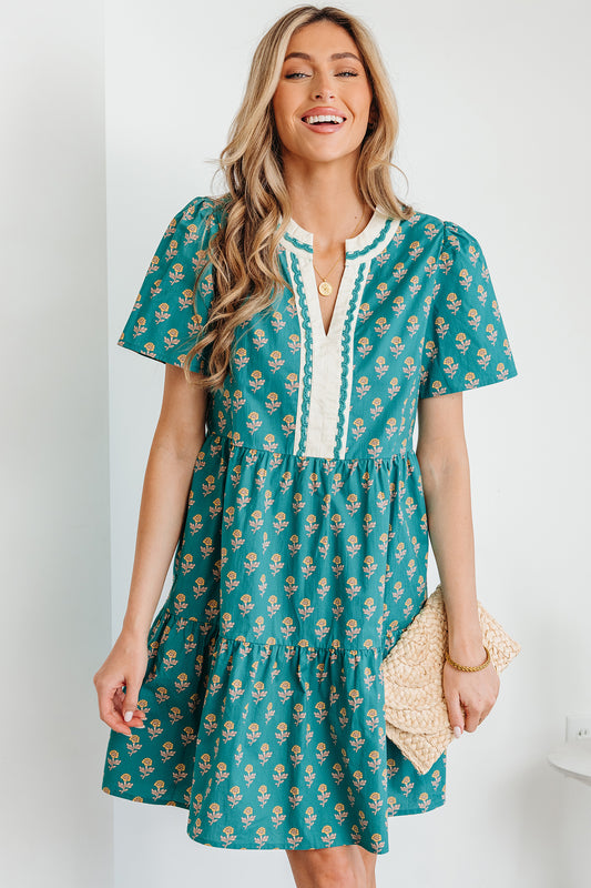 Women's Green Floral V Neck Short Sleeve Summer Mini Dress