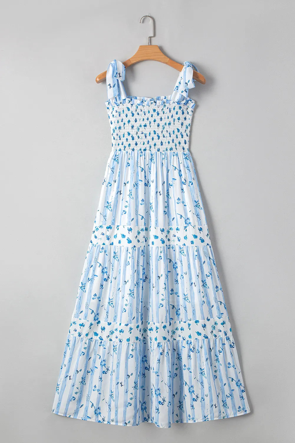 Sky Blue Floral Smocked Maxi Dress with Tie Straps