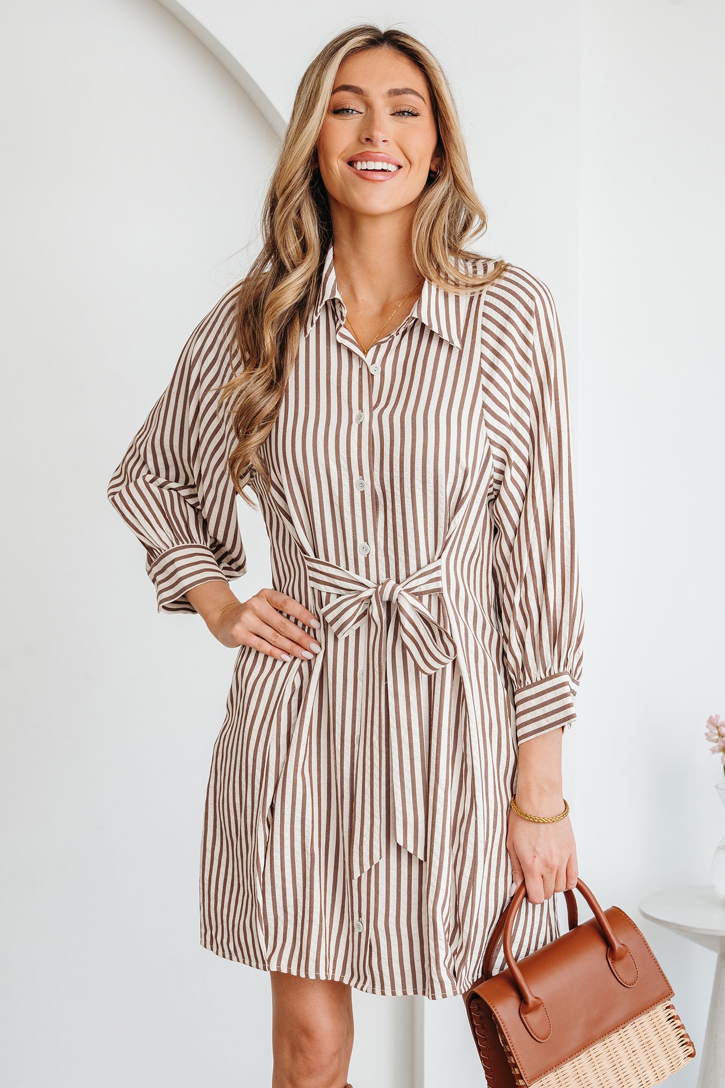 Women's Brown Stripe Puff Sleeve Summer Mini Dress