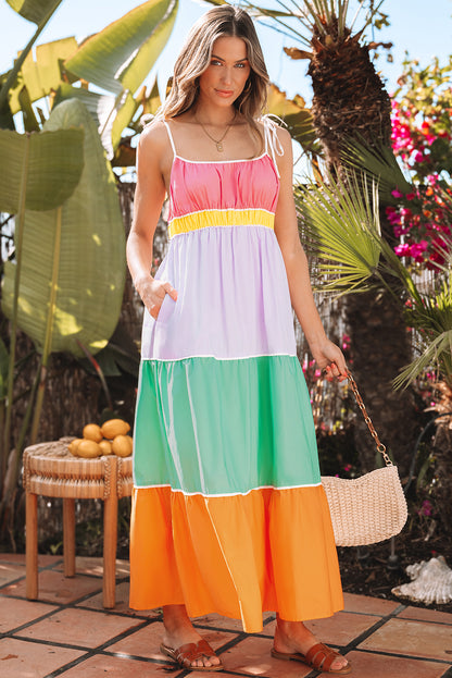 Women's Multicolour Self-tie Straps Summer Maxi Dress