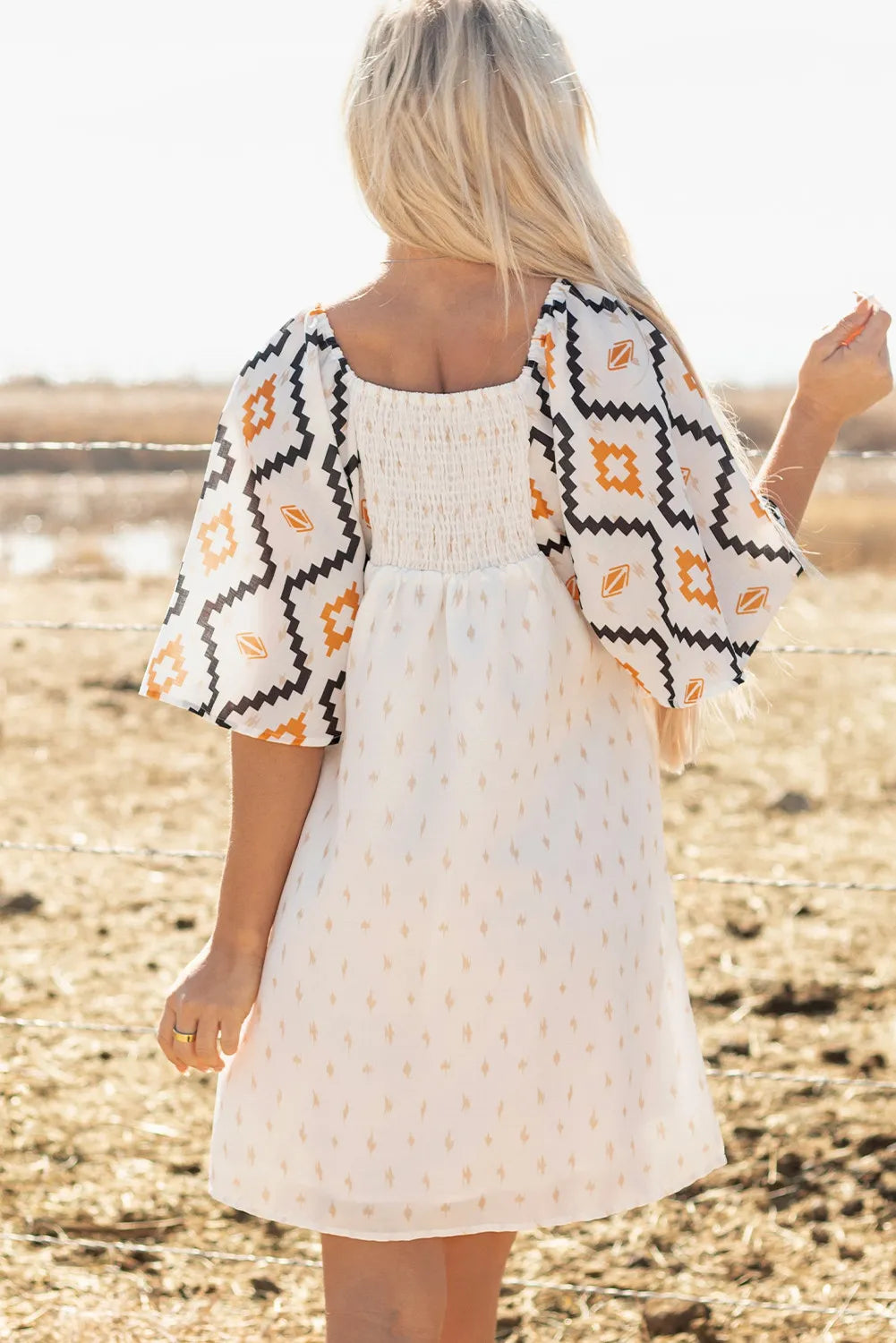 Beige Aztec Print Square Neck Mini Dress