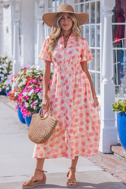 Women's Pink Polka Dot Ruffle Sleeve Summer Midi Dress