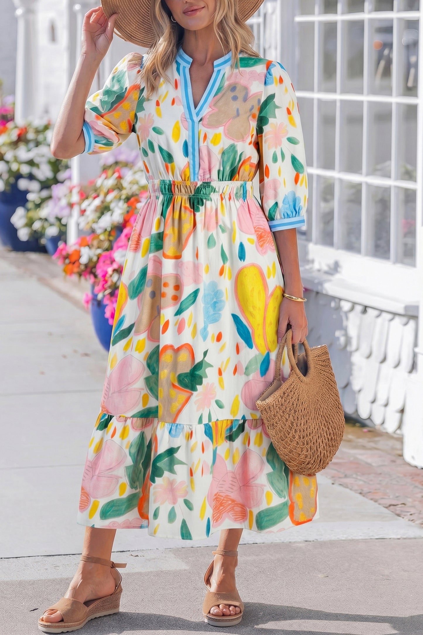 Women's Floral V Neck Summer Midi Dress