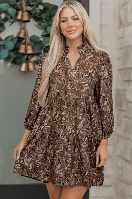 Women's Brown Puff Sleeve Summer Mini Dress
