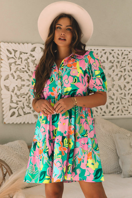 Women's Green Floral Puff Sleeve Summer Mini Dress