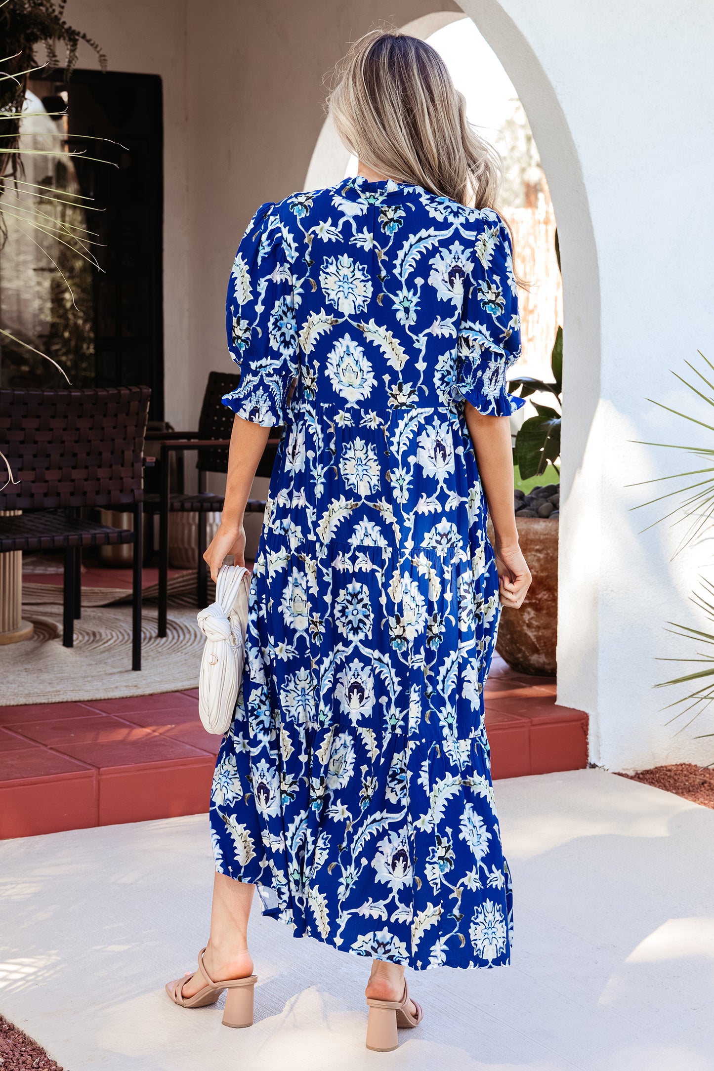 Women's Blue Floral Half Sleeve Summer Maxi Dress
