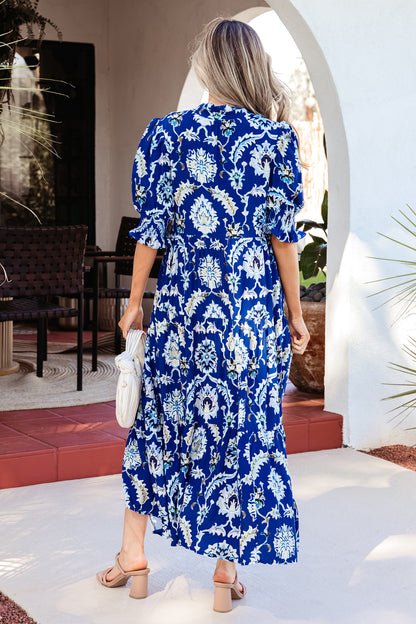 Women's Blue Floral Half Sleeve Summer Maxi Dress