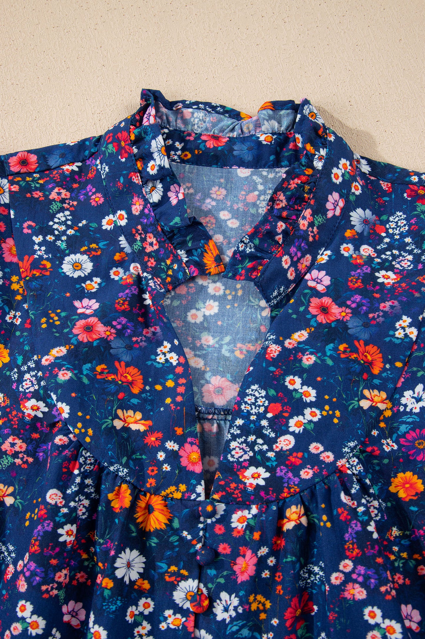 Women's Blue Floral Split Neck Short Puff Sleeve Summer Mini Dress