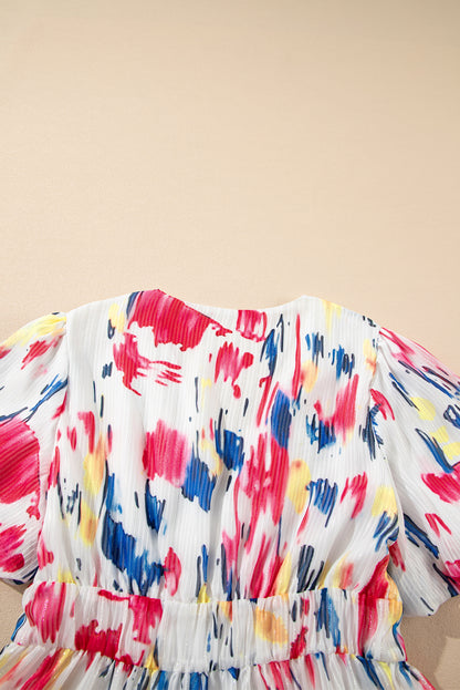 Women's Rose Abstract Print Short Puff Sleeve Summer Maxi Dress