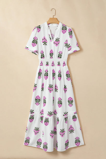 Women's White Floral Split Neck Summer Maxi Dress
