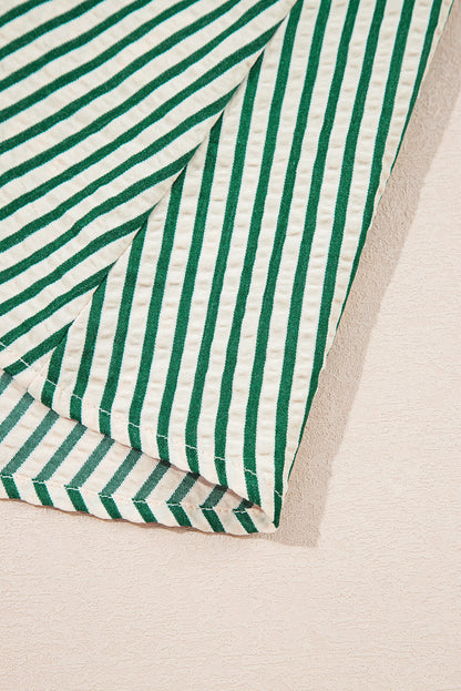 Women's Green Stripe V Neck Zip Front Summer Midi Dress
