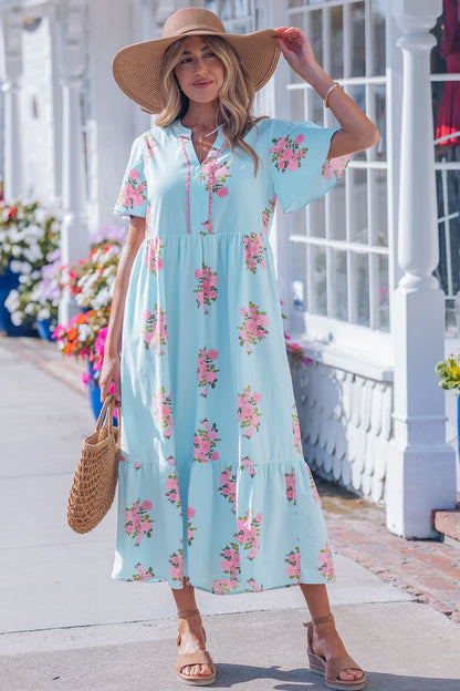 Women's Sky Blue Flutter Short Sleeve Floral Summer Maxi Dress