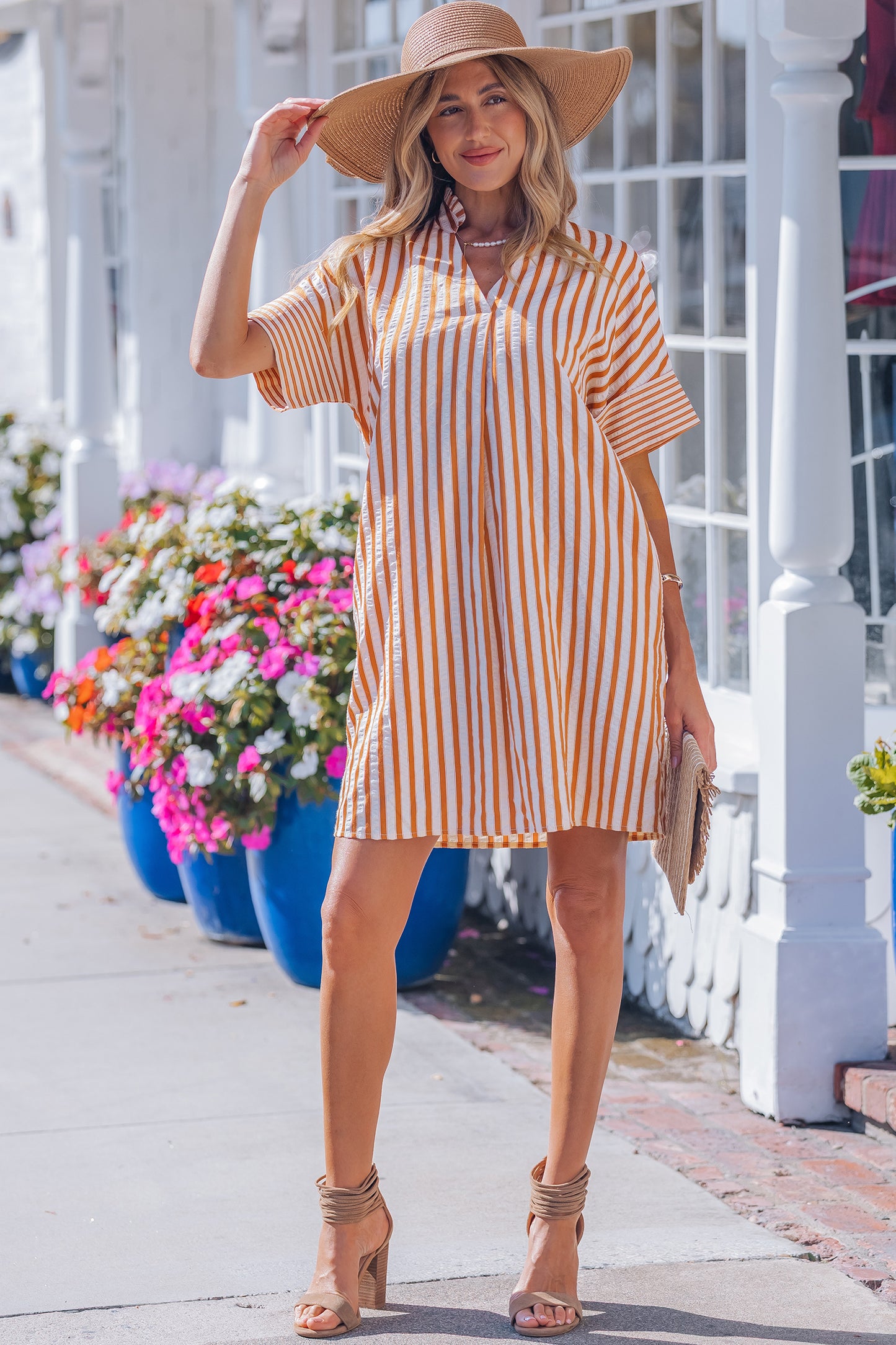 Women's Brown Stripe Pinched V Neck Summer Mini Dress