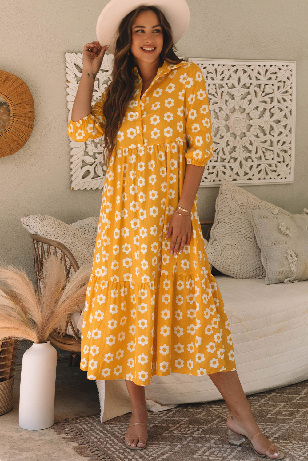 Women's Yellow Flower Bracelet Sleeve Buttons Collared Summer Midi Dress