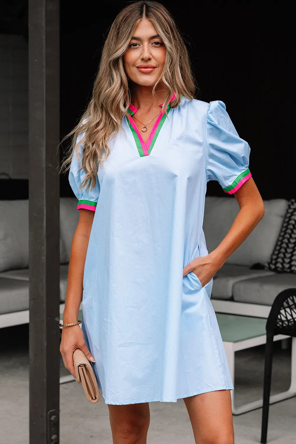 Sky Blue Cotton Puff Sleeve Mini Dress with Colourblock Trim