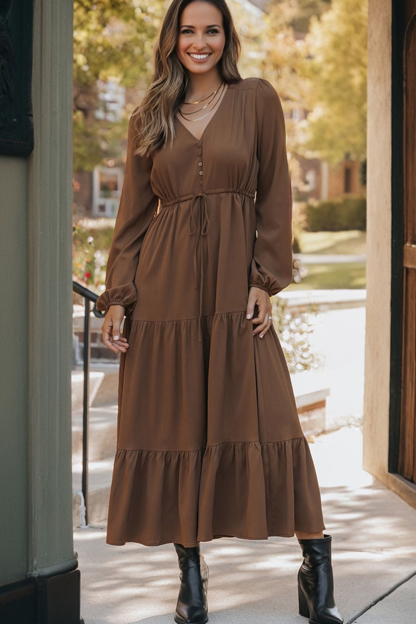 Women's Brown Long Sleeve V Neck Summer Maxi Dress