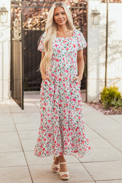 Women's Pink Floral Puff Sleeve Summer Maxi Dress