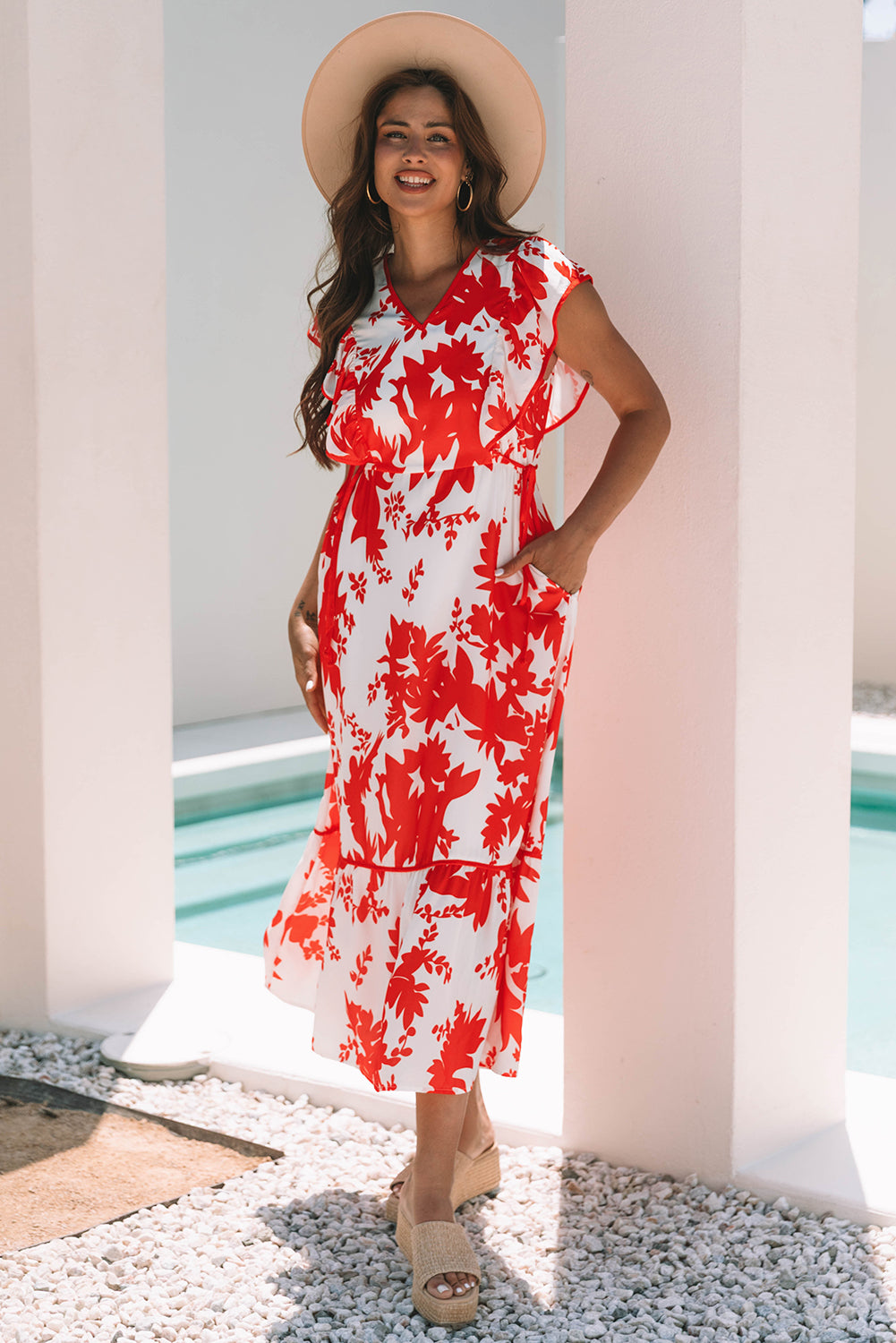 Women's Red Floral V Neck Ruffle Sleeve Summer Midi Dress