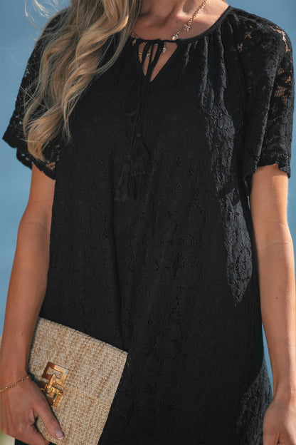 Women's Black Floral Lace Overlay Short Sleeve Summer Maxi Dress
