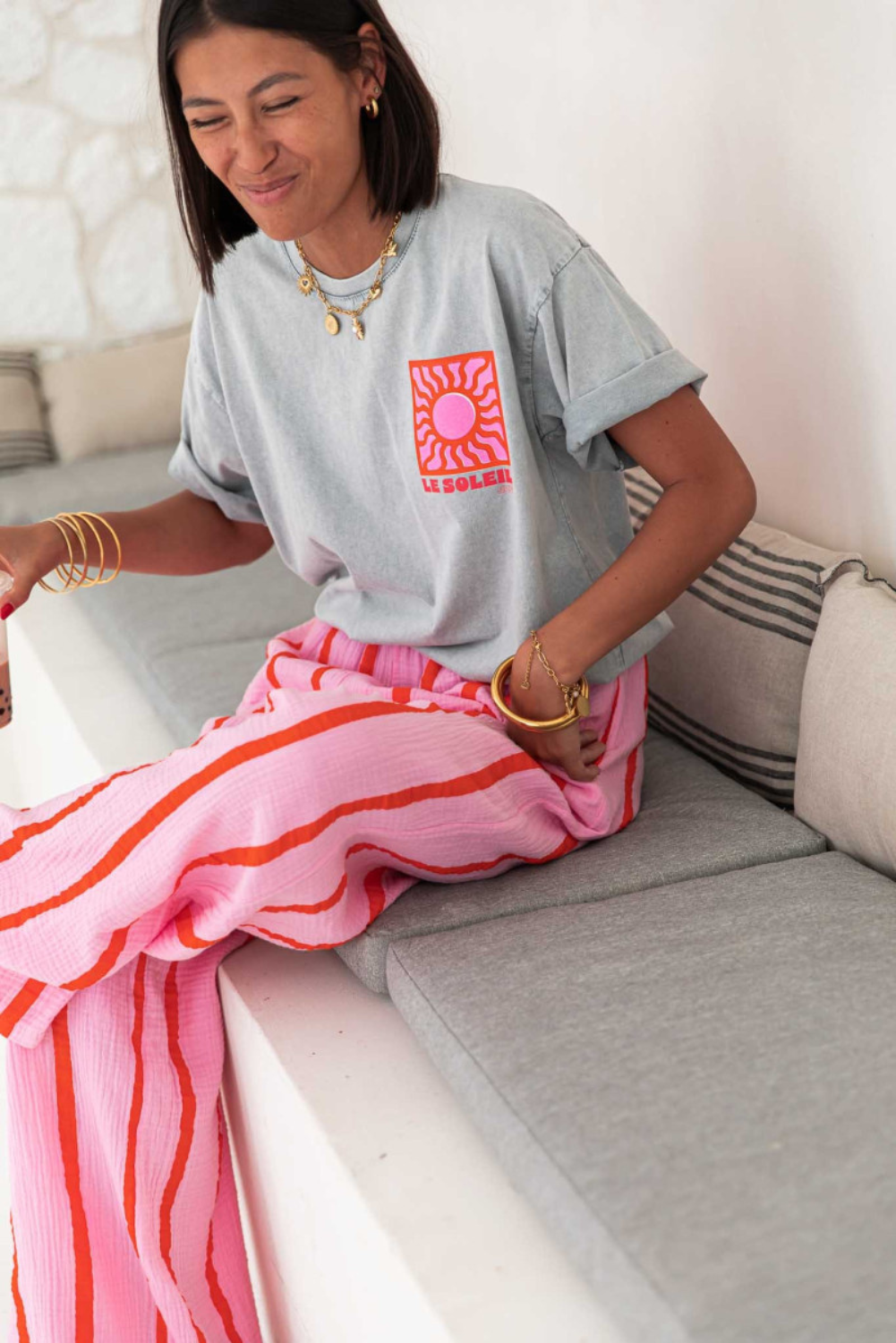 Pink Striped Wide-Leg Trousers with Elastic Waist